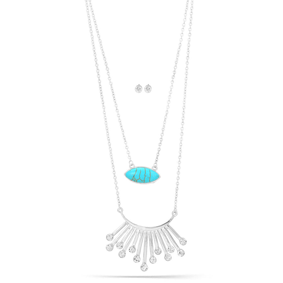 Silver-Tone Metal Turquoise And Crystal Necklace And Earrings Set