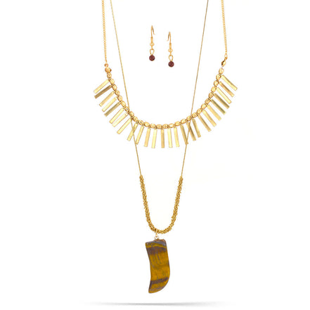 Gold-Tone Metal Tiger'S Eye Two Layered Necklace And Earrings Set
