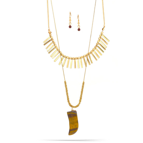 Gold-Tone Metal Tiger'S Eye Two Layered Necklace And Earrings Set