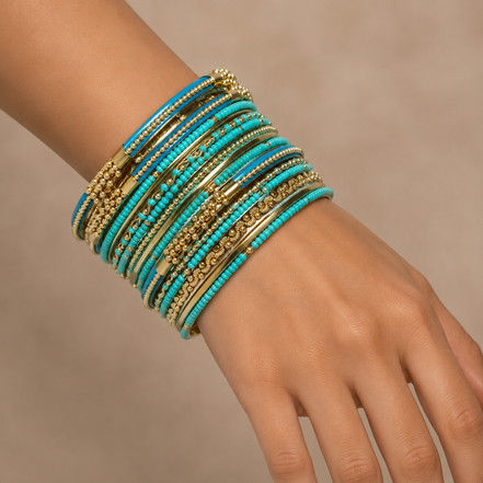 Indian Style 16-Piece Turquoise & Gold Tone Bangle Bracelet Set – 2.6" Diameter | Stackable Boho Ethnic Bangles for Women #BNG-20444TQ
