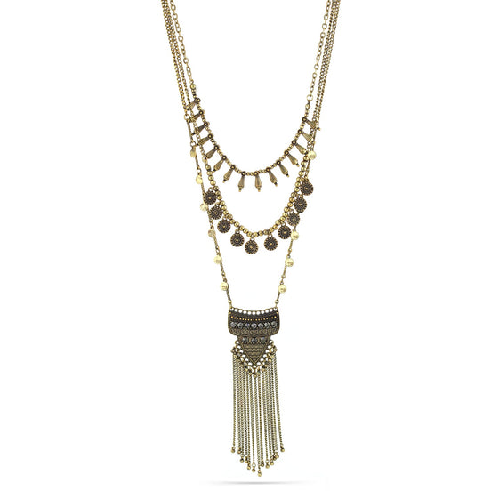 Gold-Oxidized-Tone Metal Layered Adjustable Lobster Claw Closure Tassel Neckjlace