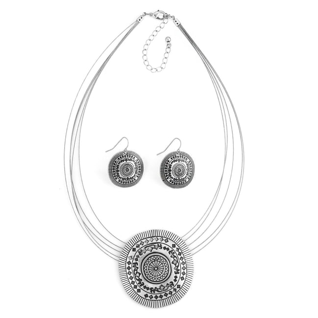 Silver Oxidized-Tone Metal Pendant Layered Adjustable Lobster Closure Necklace And Earrings Set