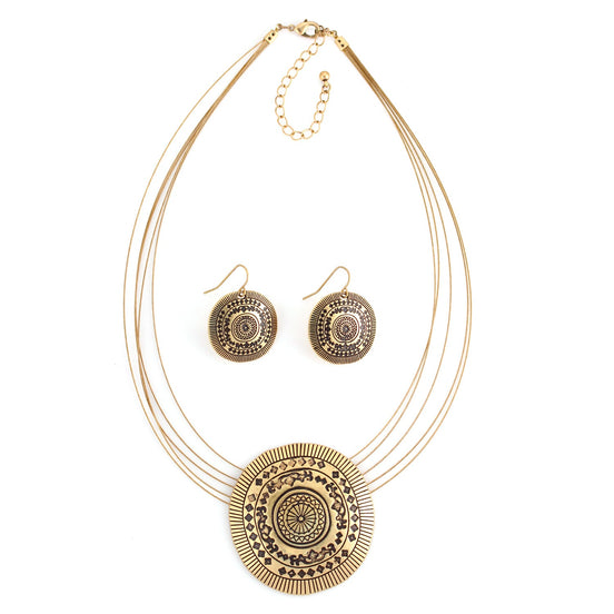 Gold Oxidized-Tone Metal Pendant Layered Adjustable Lobster Closure Necklace And Earrings Set