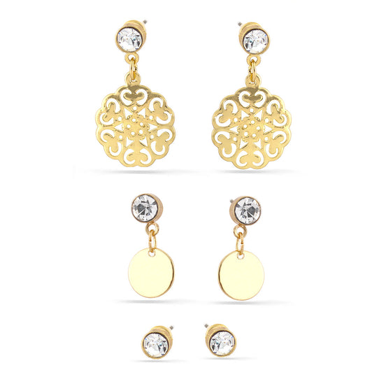 Gold-Tone Metal Filigree Crystal Set Of 3 Stud Earrings