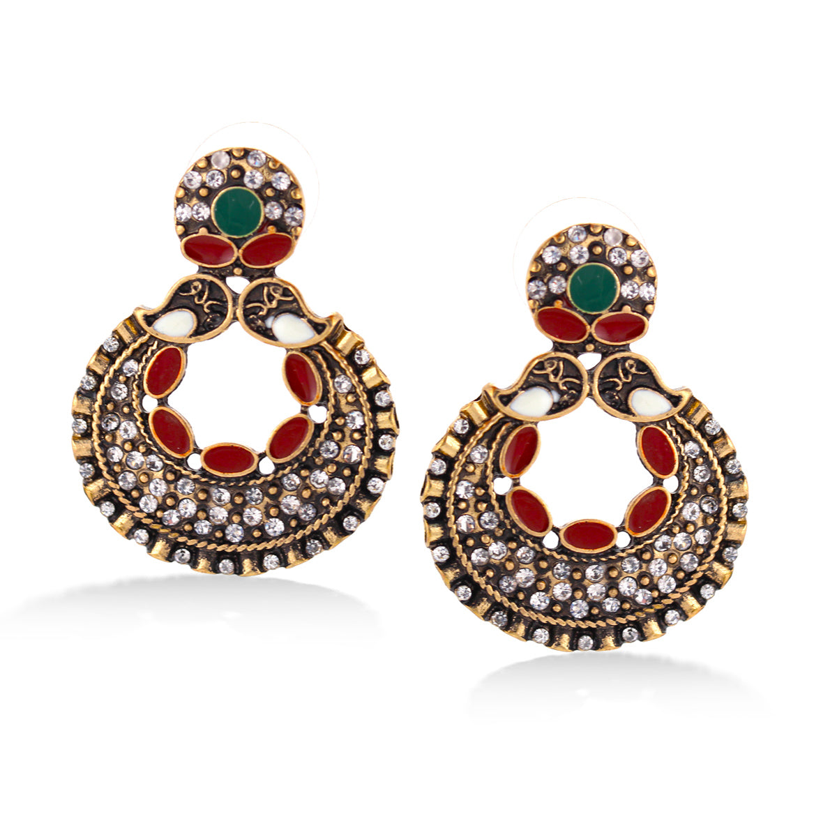 Gold-Tone Metal Crystal Green And Coral Stud Earrings