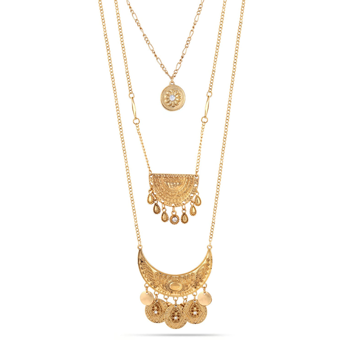 GOLD THREE LAYERED CHARM  NECKLACES #SQ2975G (IG27)