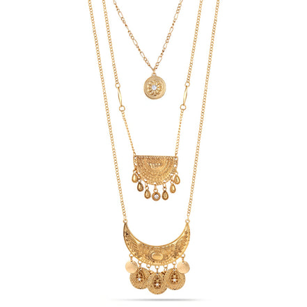 GOLD THREE LAYERED CHARM  NECKLACES #SQ2975G (IG27)