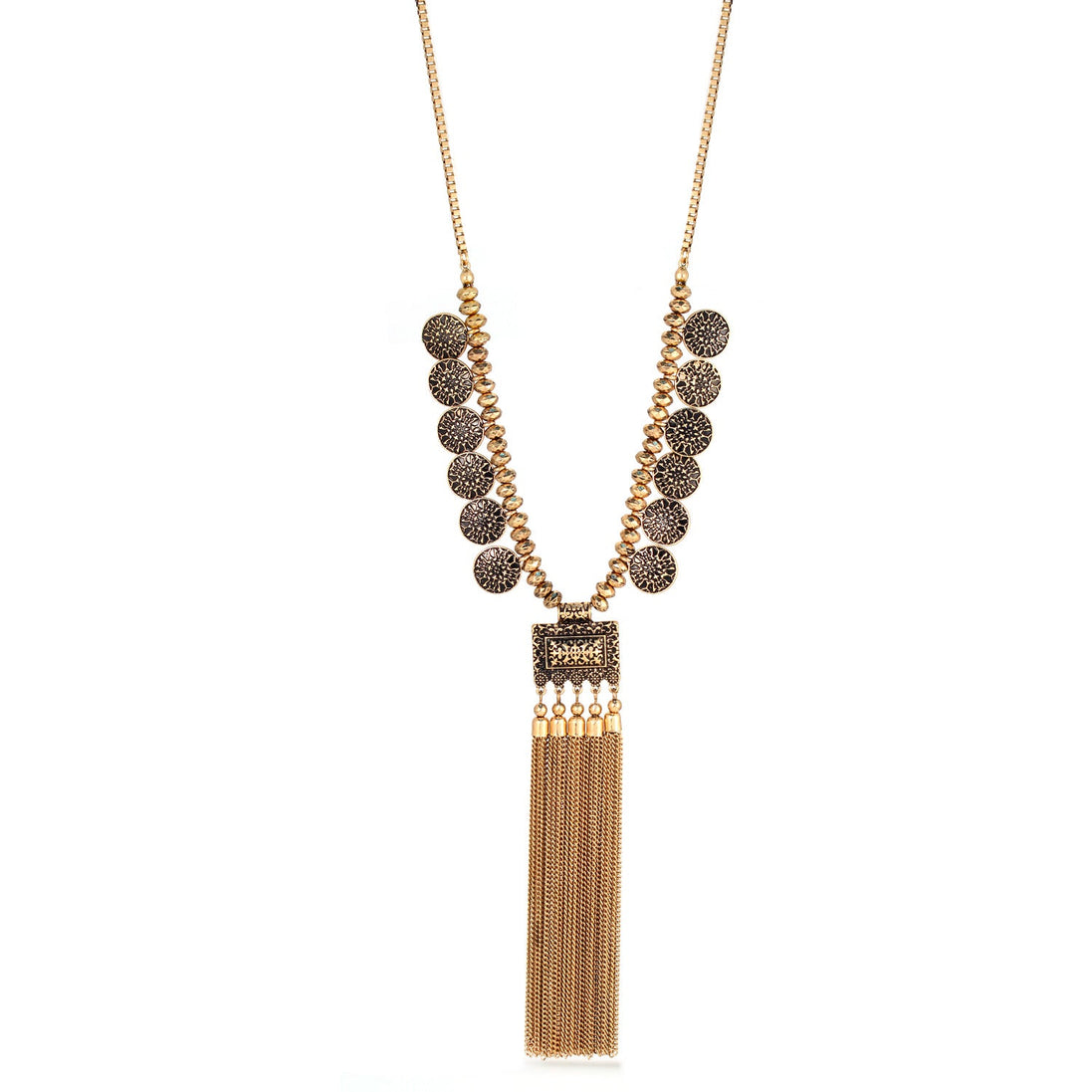 Gold Oxidized Tone Metal Coins  Adjustable Lobster Claw Closure Tassel Necklaces