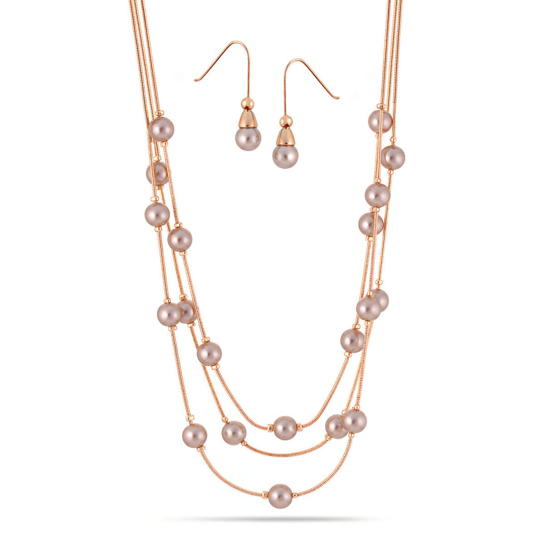 Rose Gold-Tone Metal Champagne Pearl Three Layered  Lobster Claw Closure Necklaces And Earrings Set