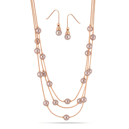 Rose Gold-Tone Metal Champagne Pearl Three Layered  Lobster Claw Closure Necklaces And Earrings Set