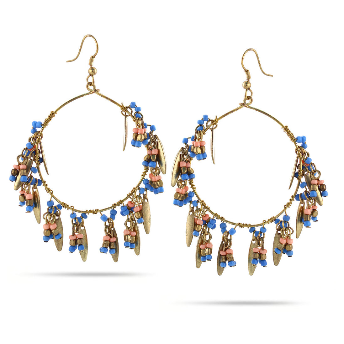 Gold-Tone Metal Blue And Pink Beads Drop Earrings