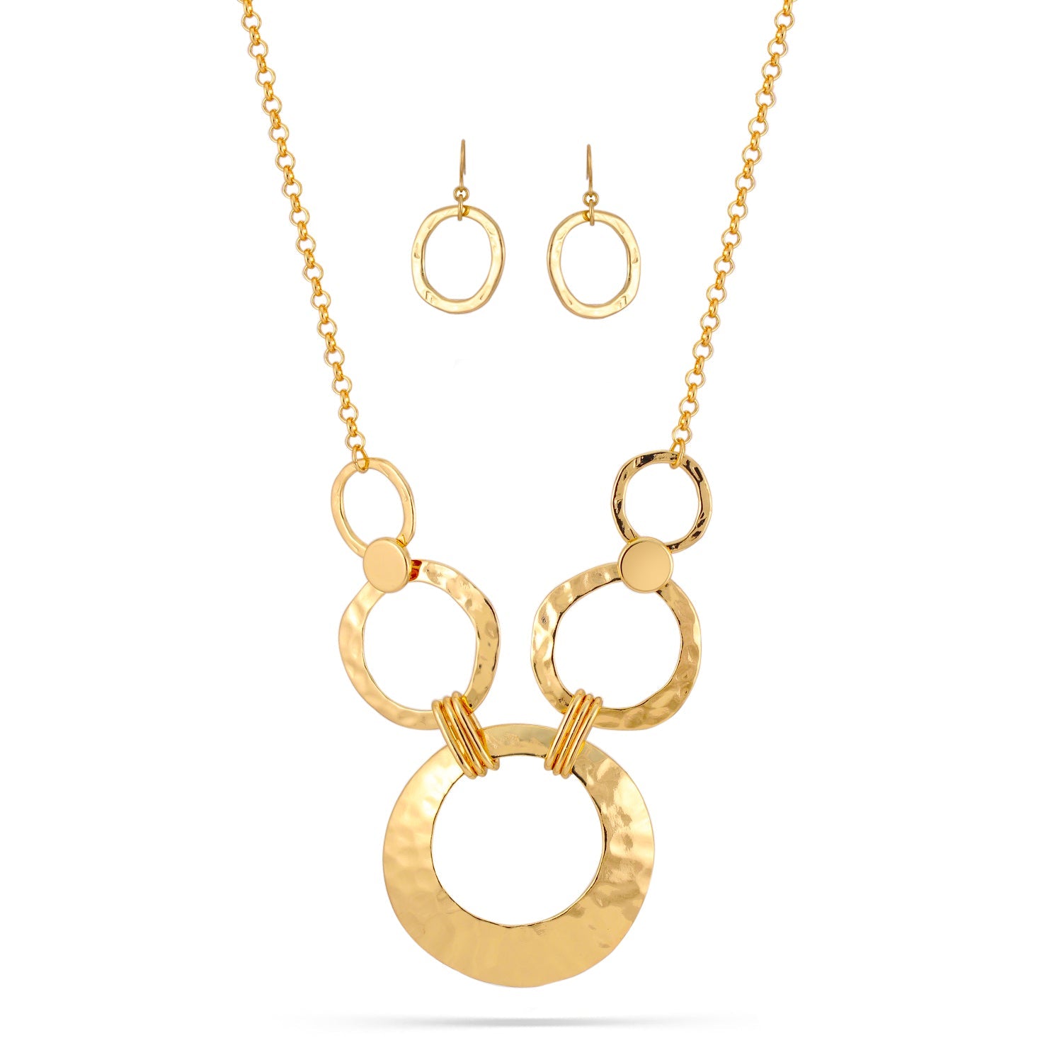 Gold-Tone Metal Hammered Earrings And Adjustable Lobster Claw Closures Necklaces Set