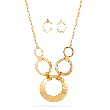 Gold-Tone Metal Hammered Earrings And Adjustable Lobster Claw Closures Necklaces Set