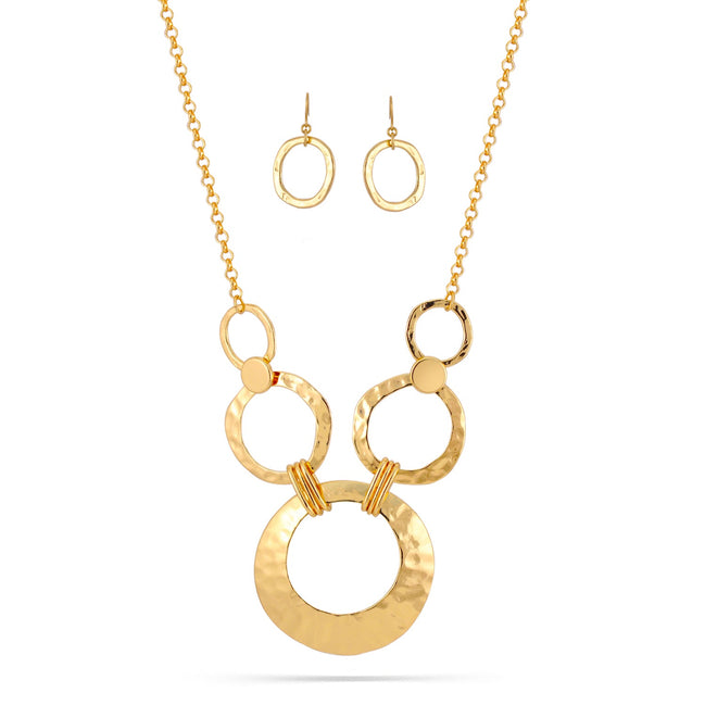 Gold-Tone Metal Hammered Earrings And Adjustable Lobster Claw Closures Necklaces Set