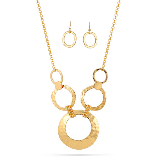 Gold-Tone Metal Hammered Earrings And Adjustable Lobster Claw Closures Necklaces Set