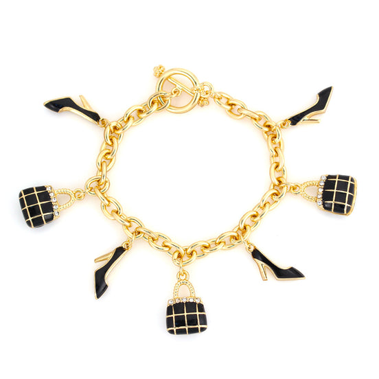 Gold-Tone Metal Crystal Black Charms Wrap Around Bracelets