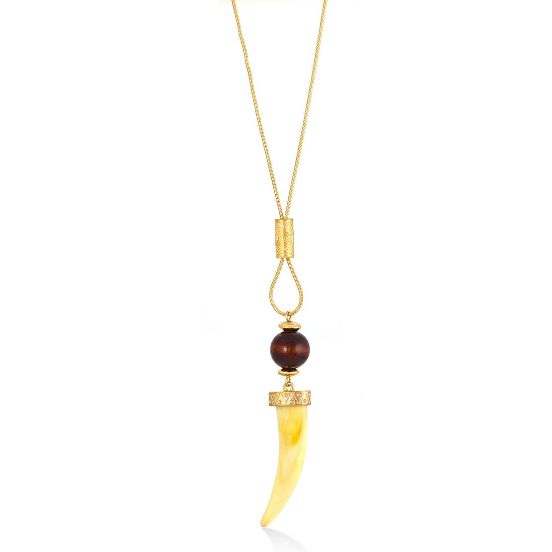 Gold-Tone Metal Brown Beads Horn Pendant Adjustable Lobster Closure Necklces