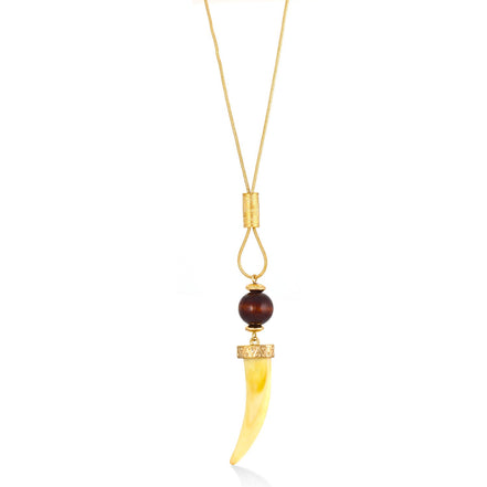 Gold-Tone Metal Brown Beads Horn Pendant Adjustable Lobster Closure Necklces