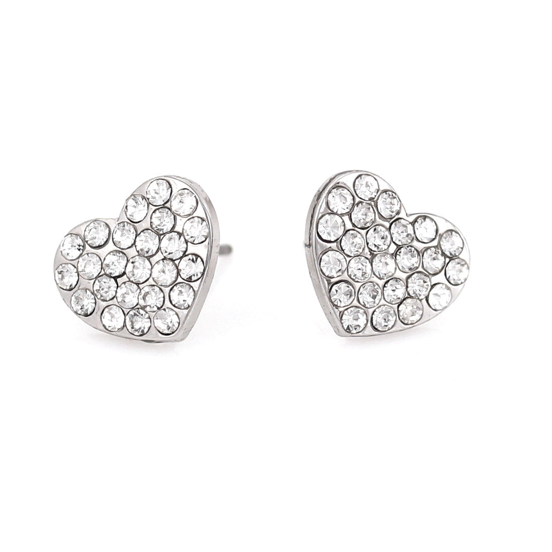 Silver-Tone Metal Heart Crystal Stud Earrings