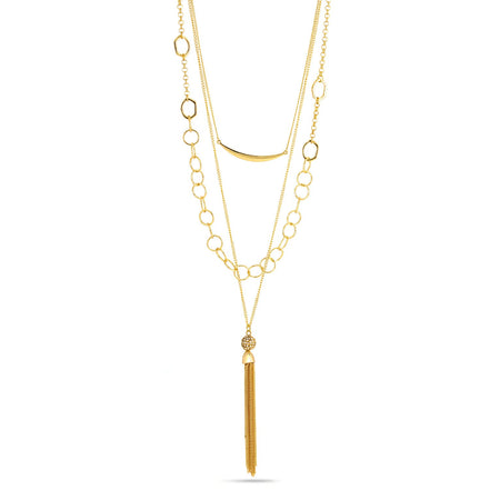 Gold-Tone Metal Multilayered Adjustable Lobster Claw Closure Crystal Tassel Necklace