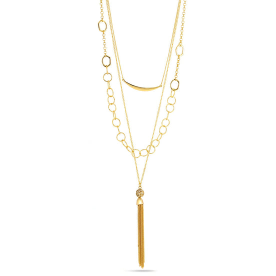 Gold-Tone Metal Multilayered Adjustable Lobster Claw Closure Crystal Tassel Necklace