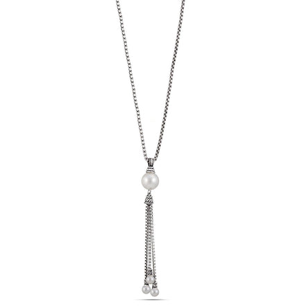 Silver-Tone Metal Crystal And Pearl Tassel  Adjustable Lobster Claw Closure Necklaces