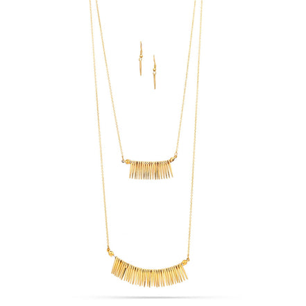 Gold-Tone Metal Two Layered Adjustable Lobster Claw Closures Necklaces And Earrings Set