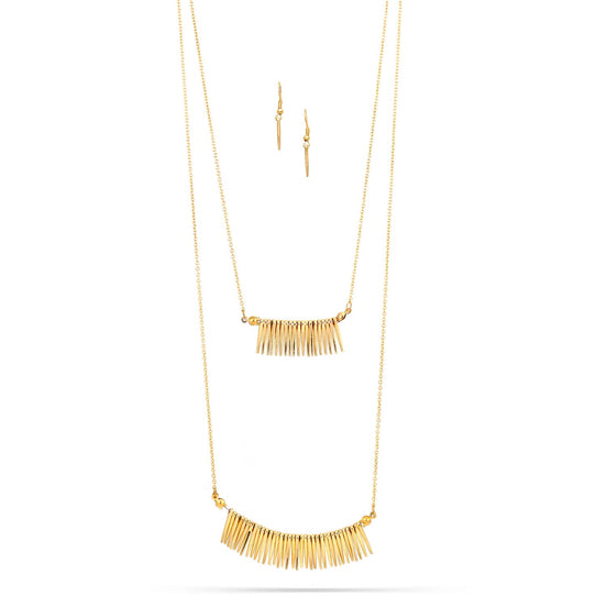 Gold-Tone Metal Two Layered Adjustable Lobster Claw Closures Necklaces And Earrings Set