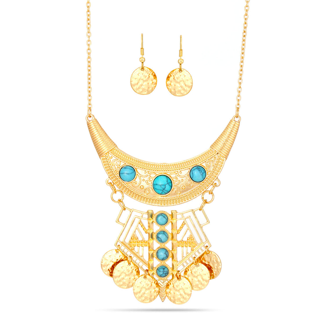 Gold-Tone Metal Turquoise Errings And Adjustable Lobster Claw Closure Necklaces