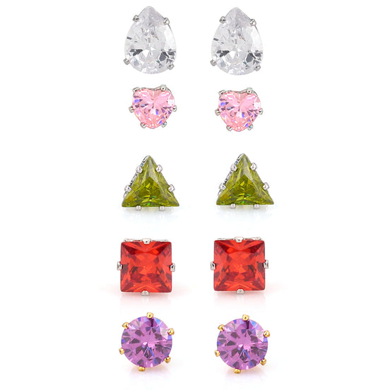 Silver-Tone Metal Multi Color Crystal Set Of 5 Stud Earrings