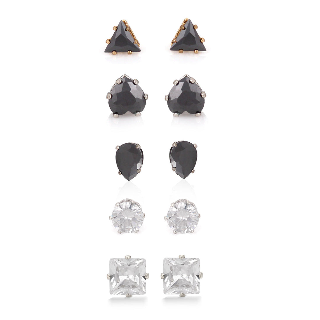 Silver-Tone Metal Black And White Crystal Set Of 5 Stud Earrings