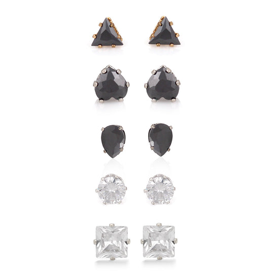 Silver-Tone Metal Black And White Crystal Set Of 5 Stud Earrings