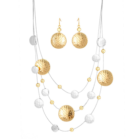 Silver-Gold-Tone Metal Layered Adjustable Lobster Claw Closure Necklaces And Earrings Set