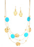 Gold-Tone Metal Turquoise And Gold Adjustable Lobster Claw Closure Necklaces And Earrings Set