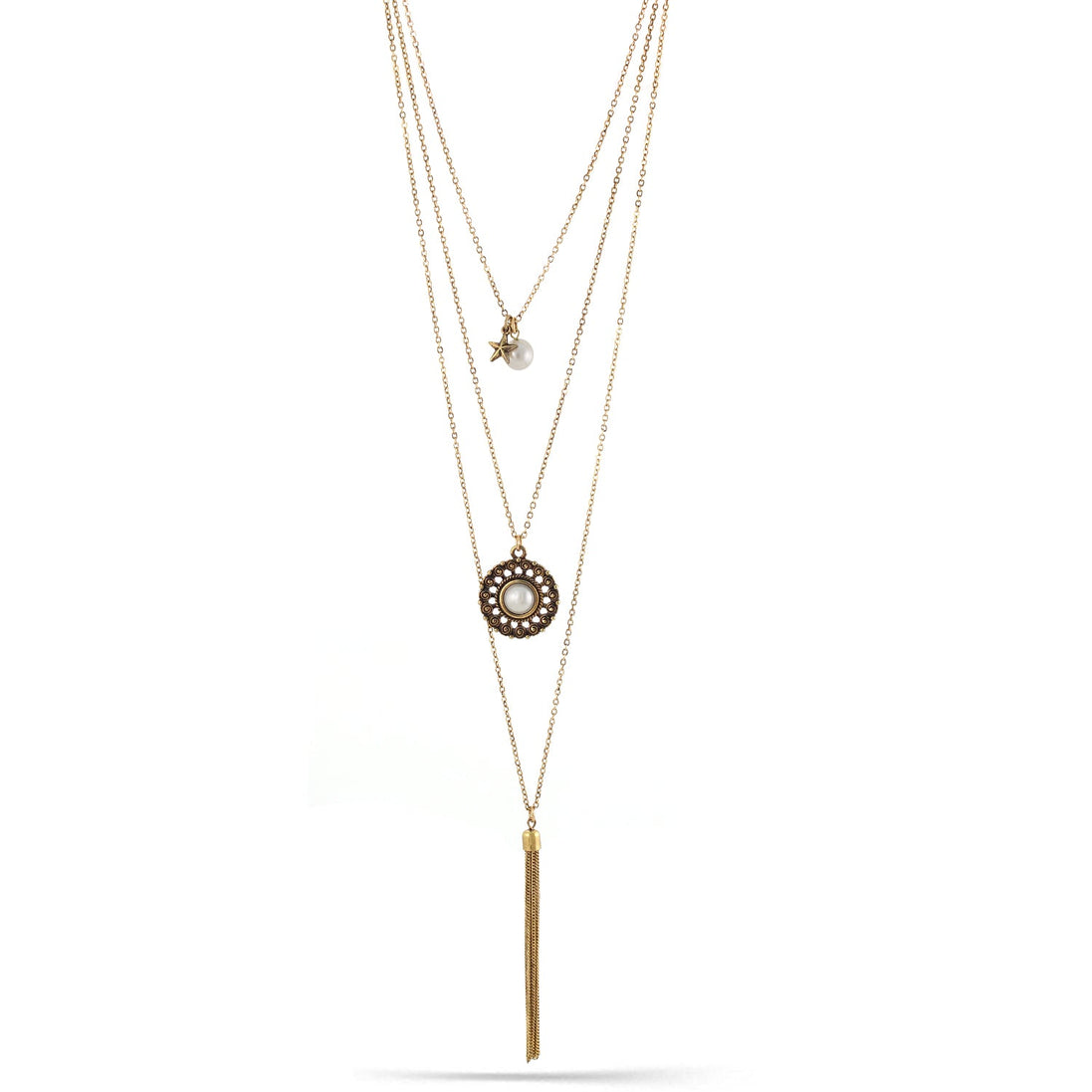 Gold-Tone Metal Cream Pearl Adjustable Lobster Claw Closure Tassel Necklace 