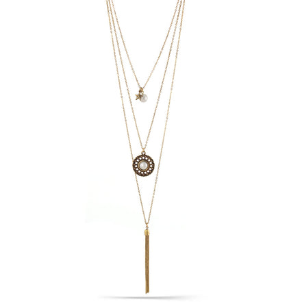 Gold-Tone Metal Cream Pearl Adjustable Lobster Claw Closure Tassel Necklace 