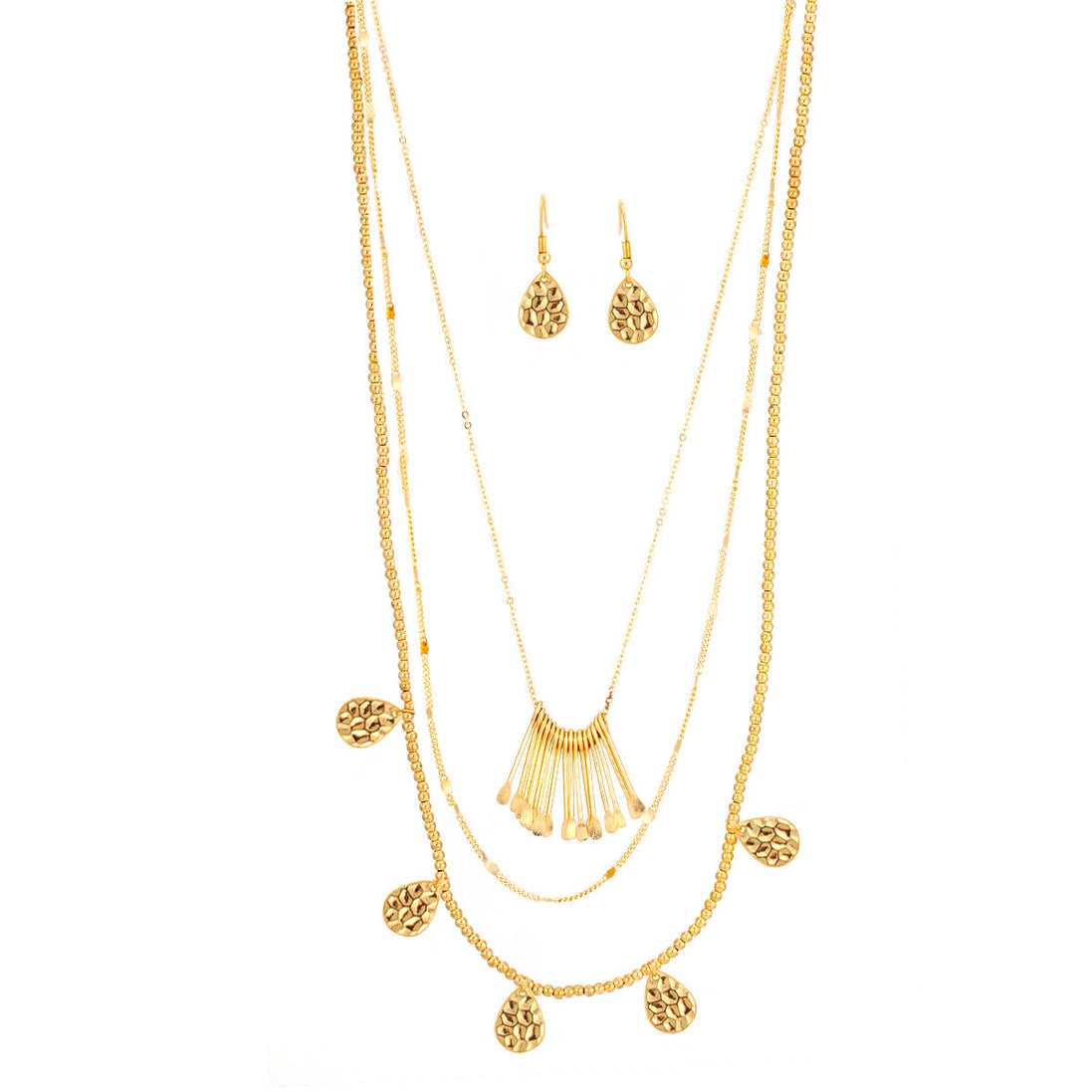 Gold-Tone Metal Adjustable  Lobster Claw Closure Layered Necklaces And Earrings Set