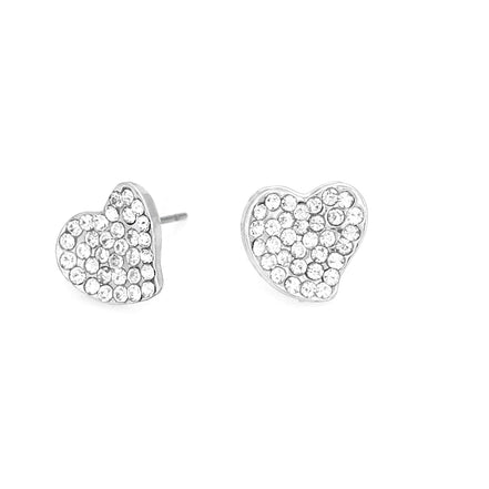 Rhodium-Tone Metal Crystal Heart Stud Earrings