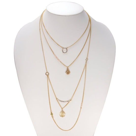 Gold-Tone Metal Layered Charms Adjustable Lobster Claw Closure Necklace 