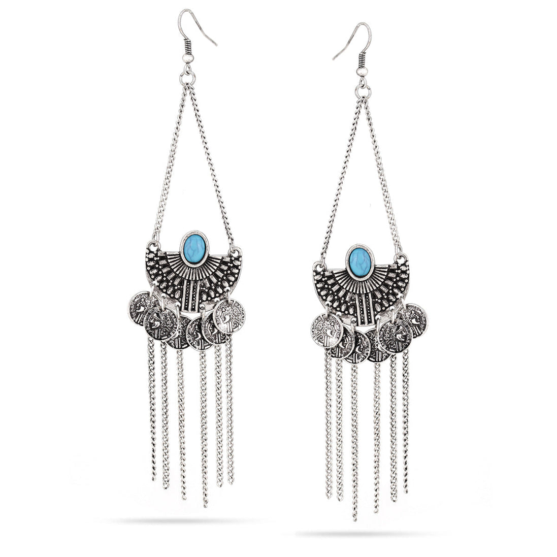 Oxidide Silver Coins Turquoise Drop Earrings