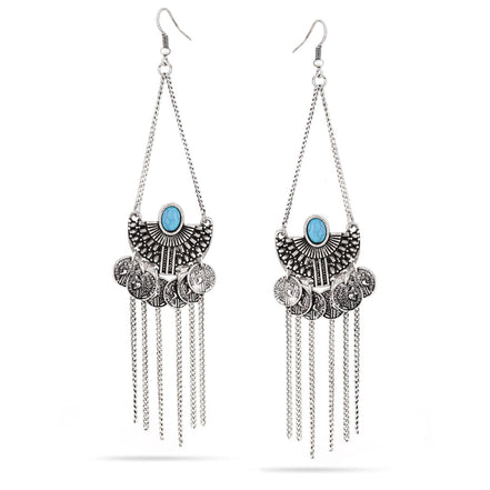 Oxidide Silver Coins Turquoise Drop Earrings