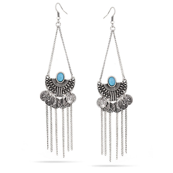 Oxidide Silver Coins Turquoise Drop Earrings