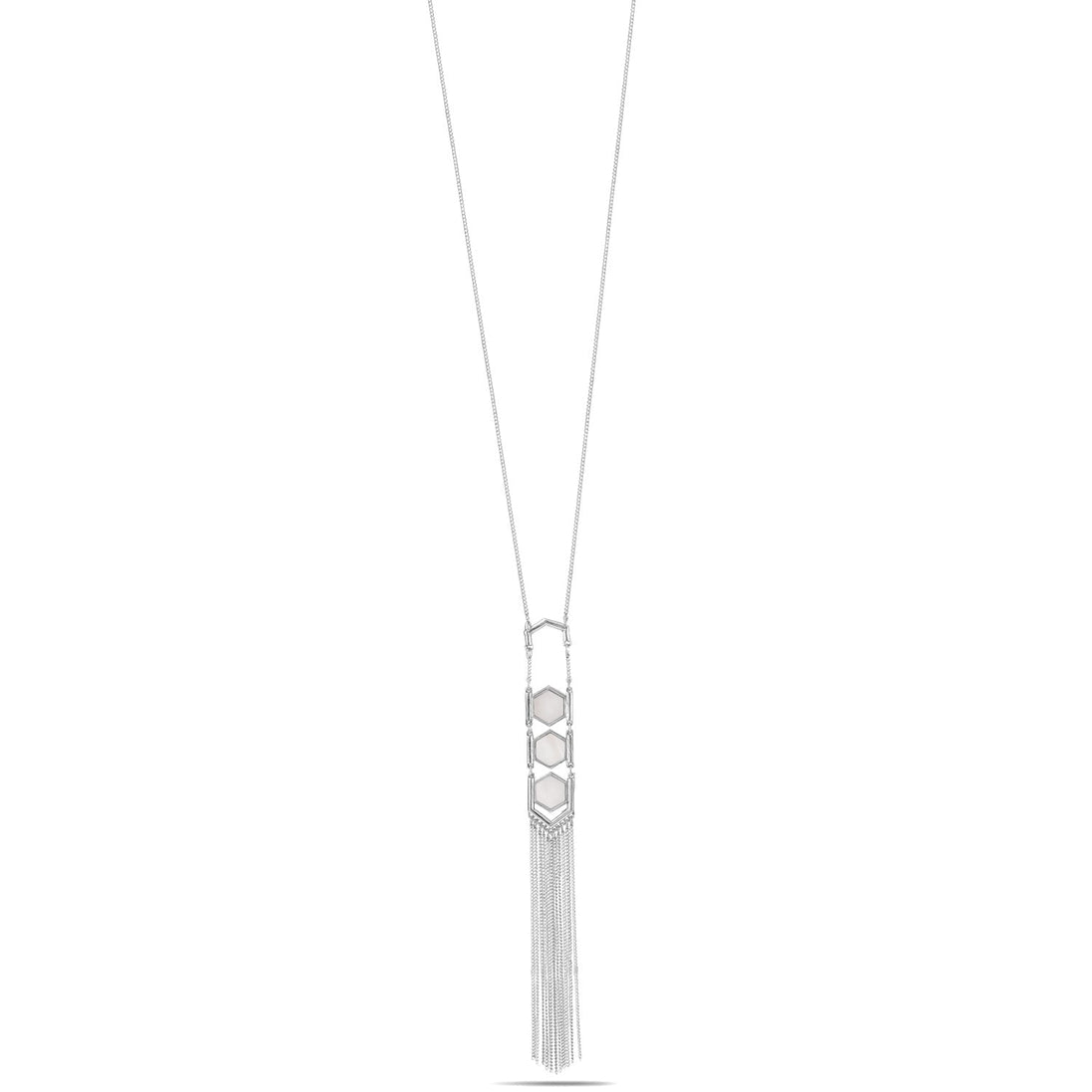 Rhodium-Tone Metal Mother Of Pearl Adjustable Lobster Claw Closure Tassel Necklace 