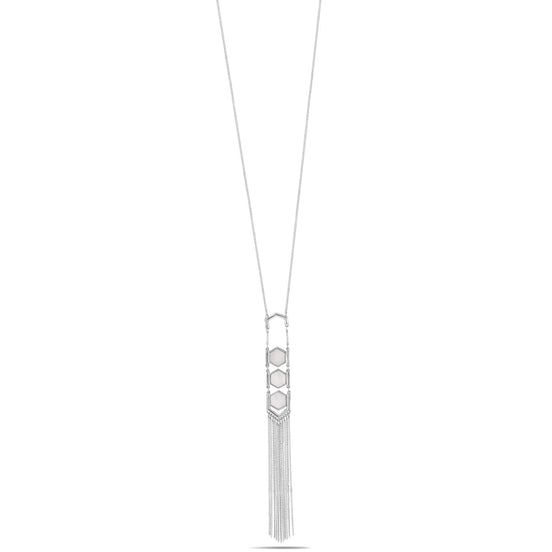 Rhodium-Tone Metal Mother Of Pearl Adjustable Lobster Claw Closure Tassel Necklace 