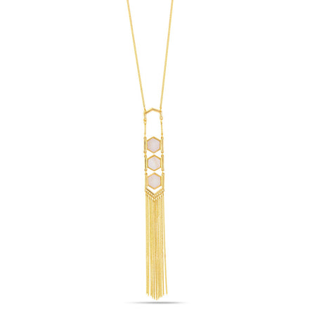 Gold-Tone Metal Mother Of Pearl Adjustable Lobster Claw Closure Tassel Necklace 