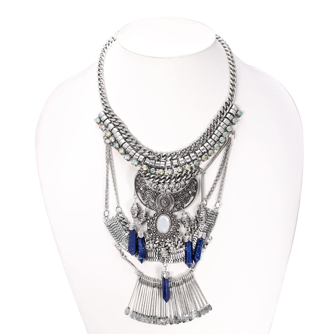 Silver-Tone Metal Crystal  Adjustable Lobster Claw Closure Statement Necklace 