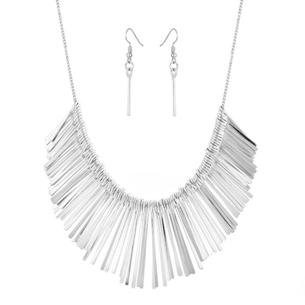 Rhodium-Tone Metal Tassel Earrings And Adjustable Lobster Claw Closure Tassel Necklace 