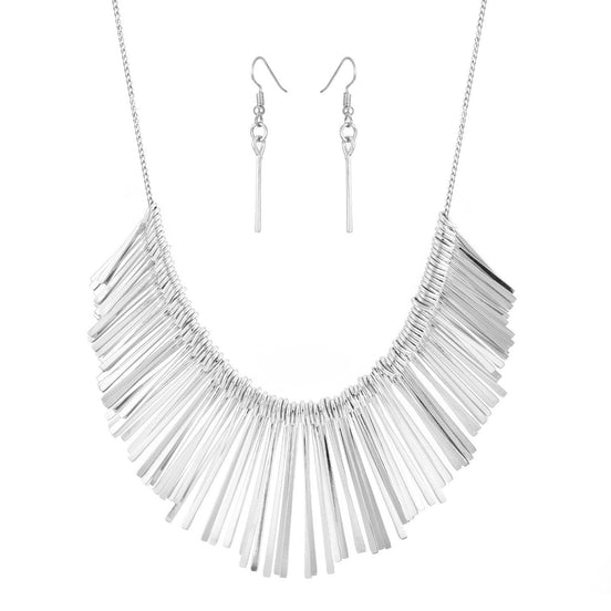 Rhodium-Tone Metal Tassel Earrings And Adjustable Lobster Claw Closure Tassel Necklace 