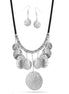 Rhodium-Tone Metal Hammered Earrings And Black Chains Adjustable Lobster Claw Clousure Necklaces Set