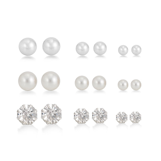 Gold-Tone Metal And Crystal Set Of Nine Graduating Sizes 8 Mm, 6 Mm Stud Earrings